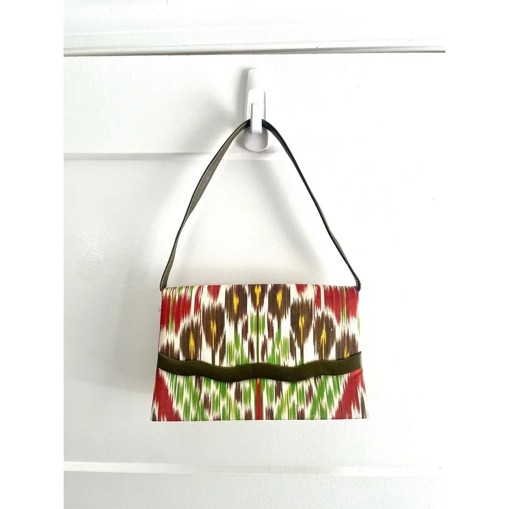 Vintage Ikat Woven Shoulder Bag Multi Color Pattern with Olive Leather Trim